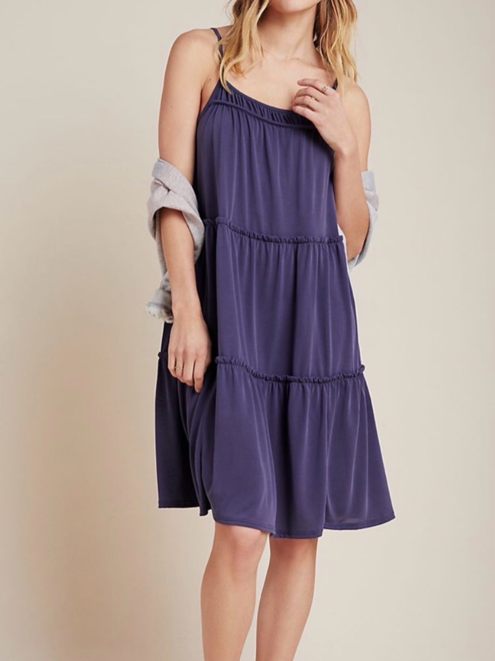 Anthropologie Saturday Sunday Flowy Navy Spaghetti-Strap Tiered Dress